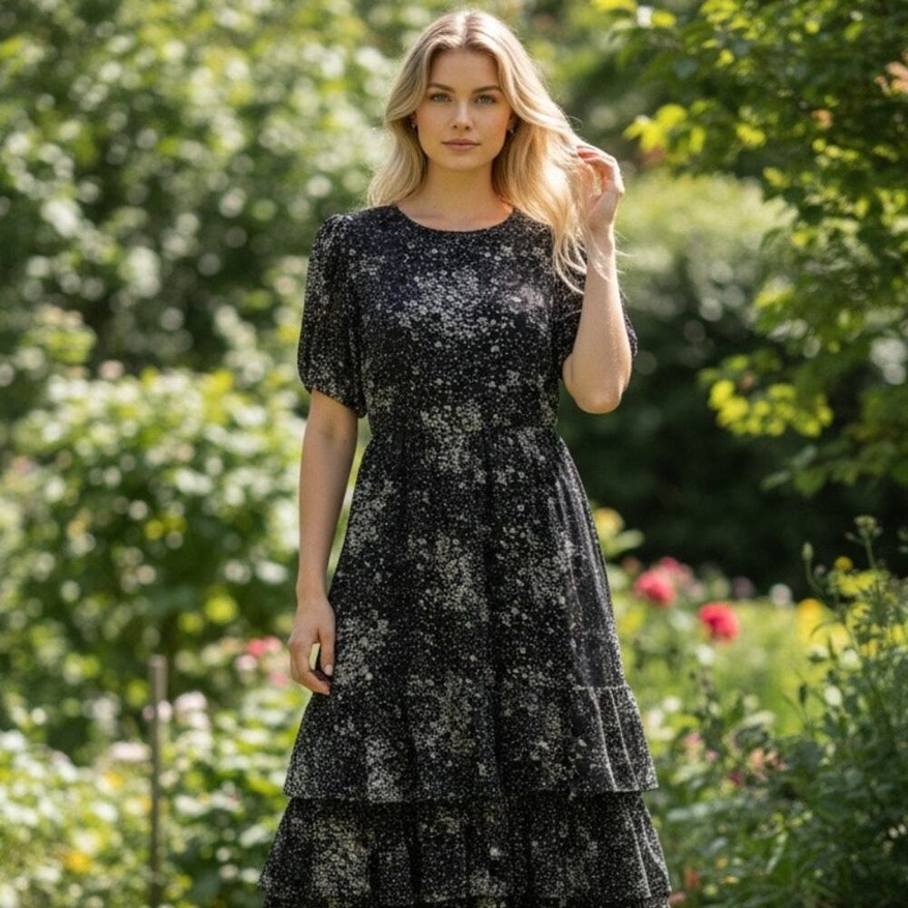 JessaKae Black Short Sleeve White Floral Tiered Midi Dress
